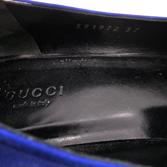 Gucci GG Logo Blue Suede Loafer Size 37 US 7 Chrome Block Heel Slip On Flat - Picture 9 of 10